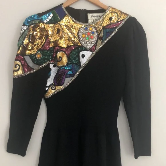 80s Saks Fifth Avenue Pat Sandler for Wellmore Sequin Beaded Dress M - Picture 3 of 16